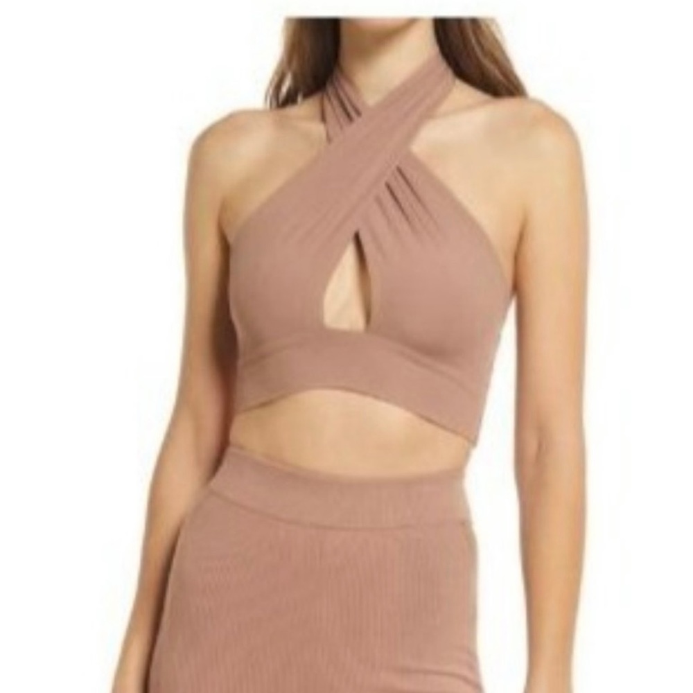 Naked wardrobe crop top in a dust pink color.